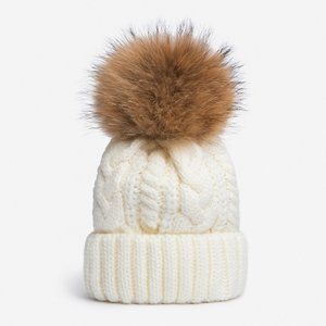 Ivory Knit Hat With Real Raccoon Fur Pom Pom